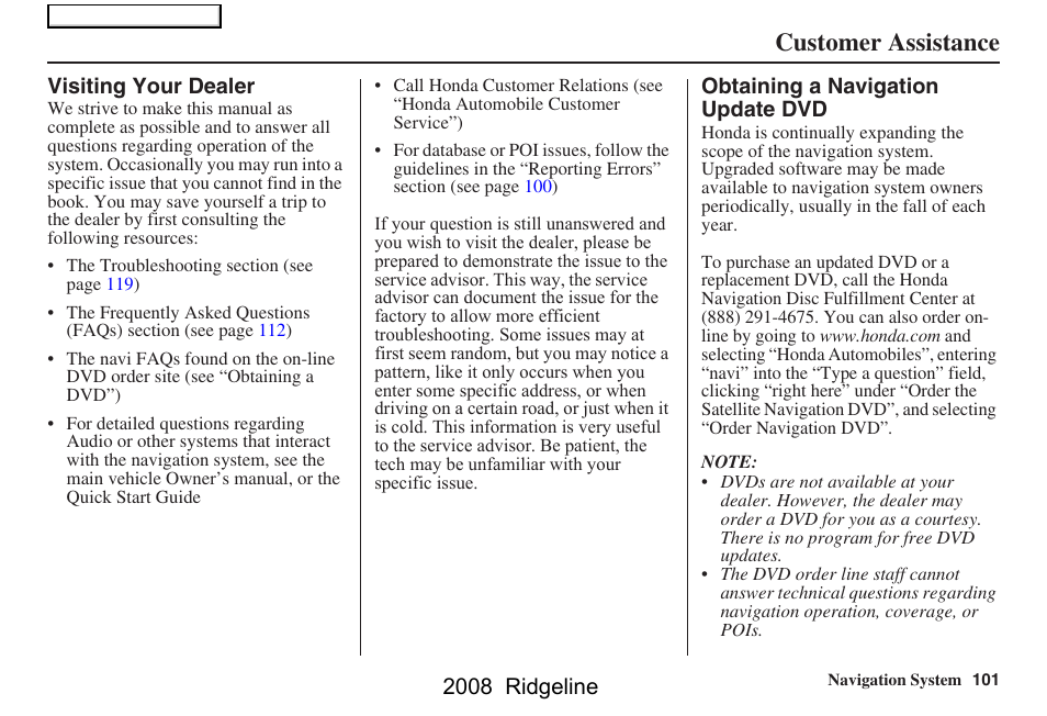 Customer assistance, 2008 ridgeline | HONDA 2008 Ridgeline Navigation User Manual | Page 101 / 135