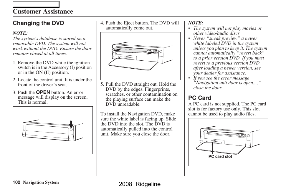 Customer assistance, 2008 ridgeline | HONDA 2008 Ridgeline Navigation User Manual | Page 102 / 135