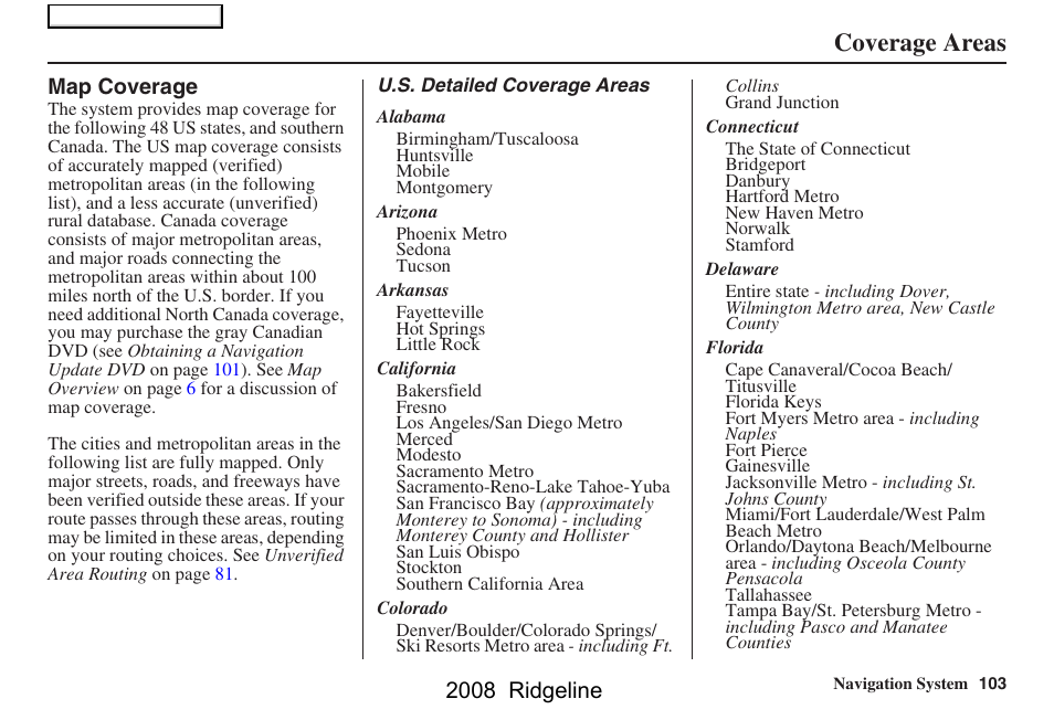 Coverage areas, 2008 ridgeline | HONDA 2008 Ridgeline Navigation User Manual | Page 103 / 135