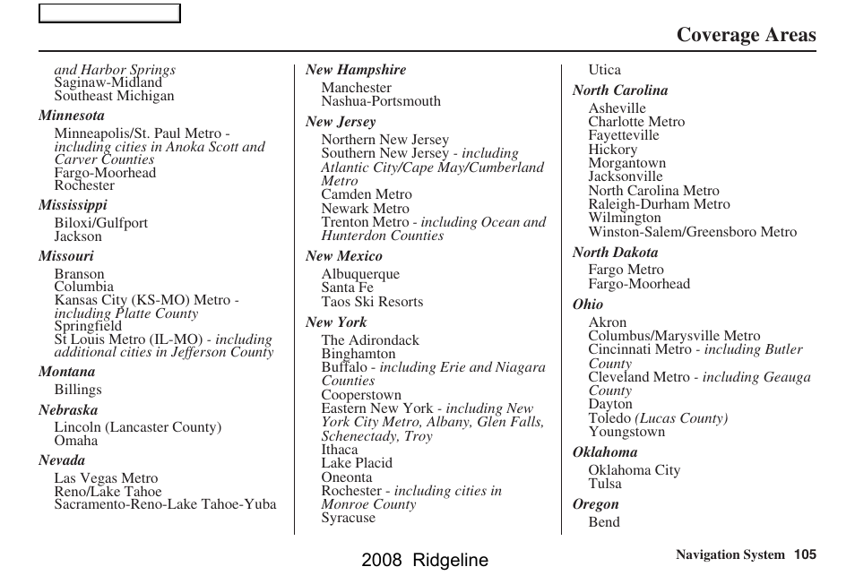 Coverage areas, 2008 ridgeline | HONDA 2008 Ridgeline Navigation User Manual | Page 105 / 135