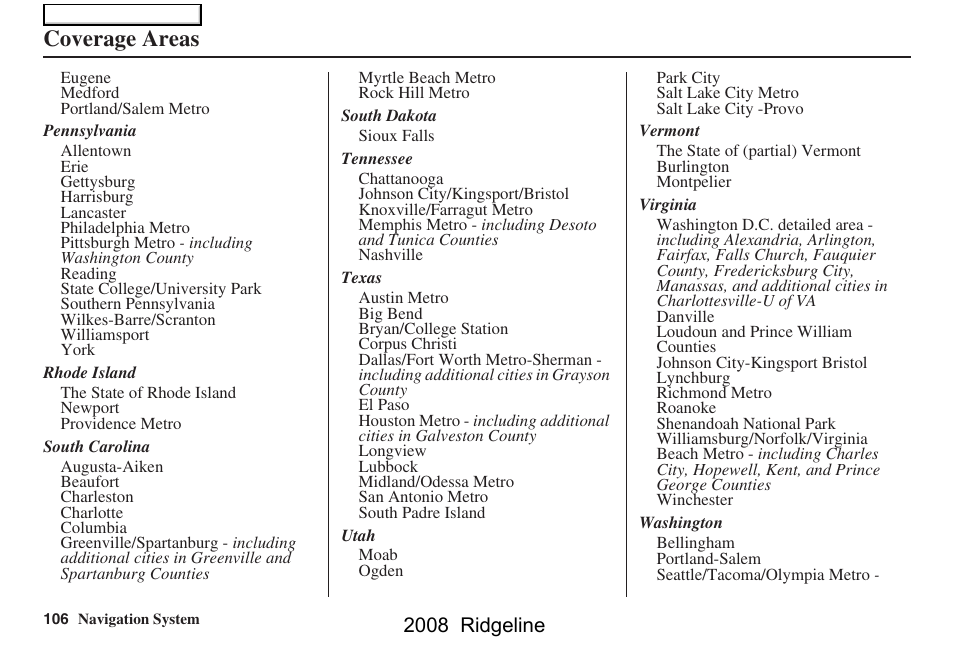 Coverage areas, 2008 ridgeline | HONDA 2008 Ridgeline Navigation User Manual | Page 106 / 135