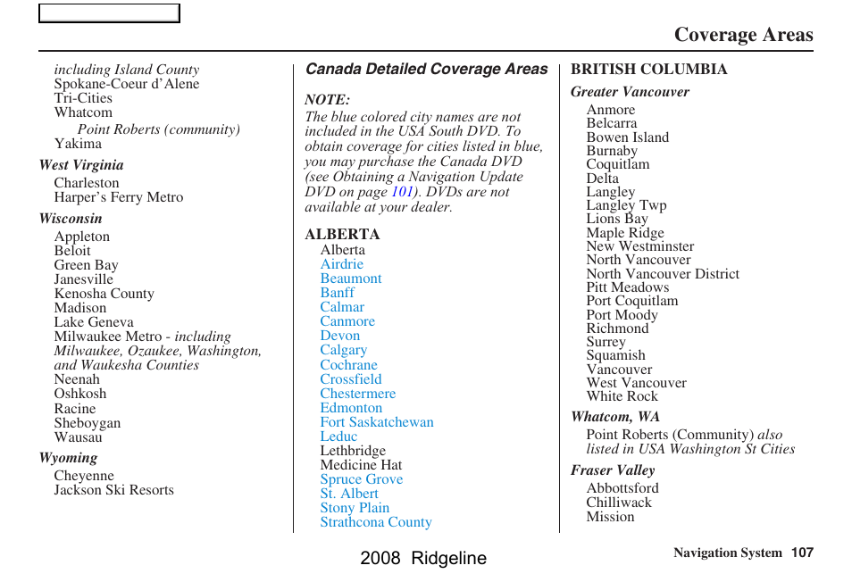 Coverage areas, 2008 ridgeline | HONDA 2008 Ridgeline Navigation User Manual | Page 107 / 135