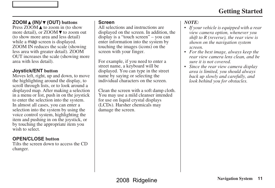 Getting started, 2008 ridgeline | HONDA 2008 Ridgeline Navigation User Manual | Page 11 / 135