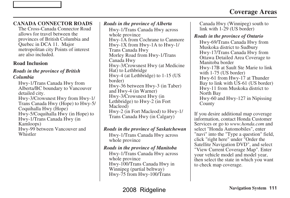 Coverage areas, 2008 ridgeline | HONDA 2008 Ridgeline Navigation User Manual | Page 111 / 135
