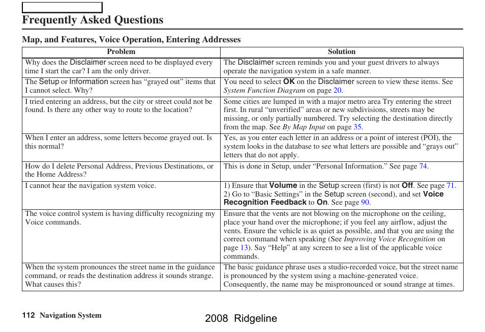 Frequently asked questions, 2008 ridgeline | HONDA 2008 Ridgeline Navigation User Manual | Page 112 / 135