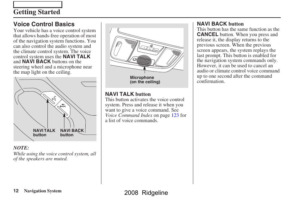 Getting started, 2008 ridgeline | HONDA 2008 Ridgeline Navigation User Manual | Page 12 / 135