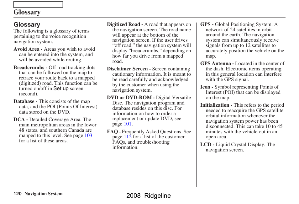 Glossary, 2008 ridgeline | HONDA 2008 Ridgeline Navigation User Manual | Page 120 / 135