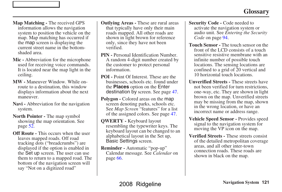Glossary, 2008 ridgeline | HONDA 2008 Ridgeline Navigation User Manual | Page 121 / 135