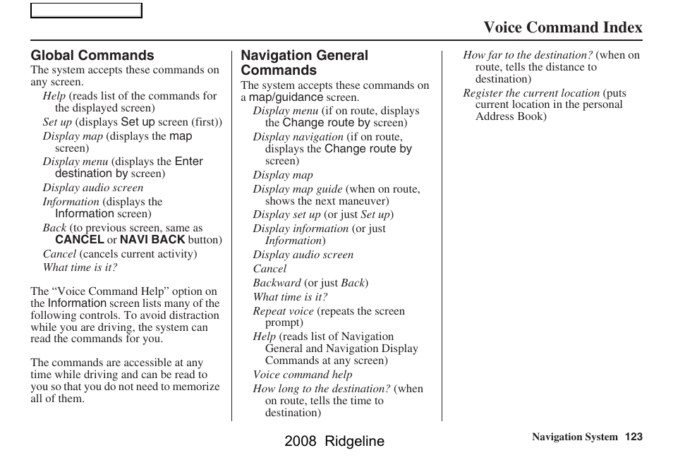 Voice command index, 2008 ridgeline | HONDA 2008 Ridgeline Navigation User Manual | Page 123 / 135