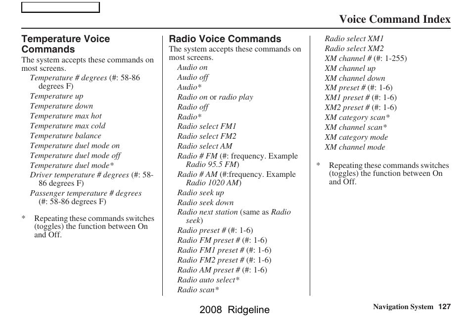 Voice command index, 2008 ridgeline | HONDA 2008 Ridgeline Navigation User Manual | Page 127 / 135