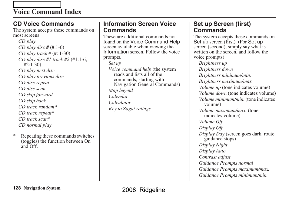 Voice command index | HONDA 2008 Ridgeline Navigation User Manual | Page 128 / 135