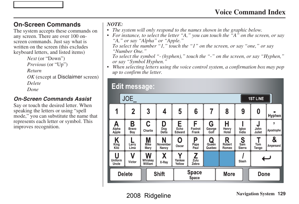 Voice command index, 2008 ridgeline, On-screen commands | On-screen commands assist, Navigation system 129 | HONDA 2008 Ridgeline Navigation User Manual | Page 129 / 135