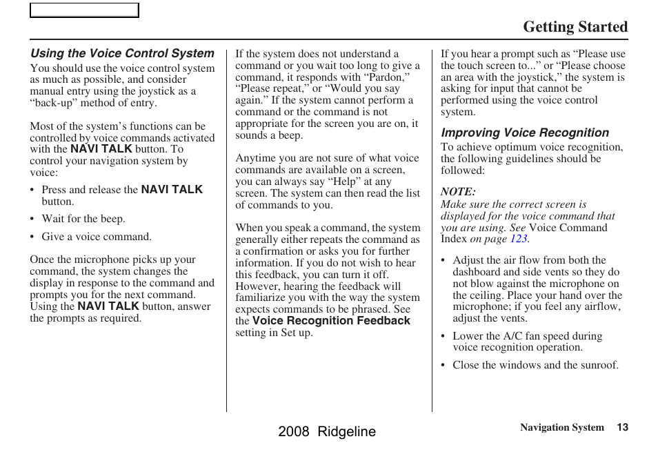 Getting started, 2008 ridgeline | HONDA 2008 Ridgeline Navigation User Manual | Page 13 / 135