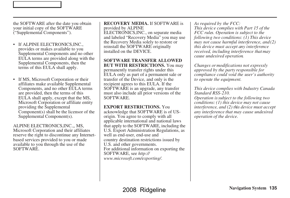 2008 ridgeline | HONDA 2008 Ridgeline Navigation User Manual | Page 135 / 135