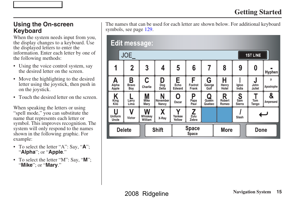 Getting started, 2008 ridgeline, Using the on-screen keyboard | HONDA 2008 Ridgeline Navigation User Manual | Page 15 / 135