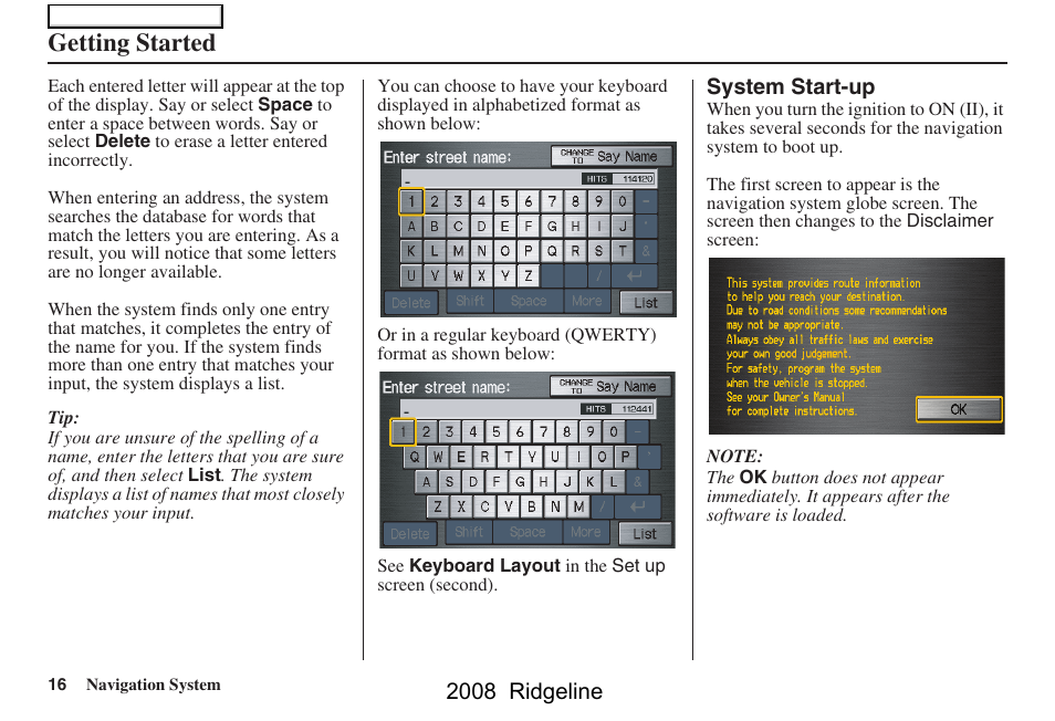 Getting started, 2008 ridgeline | HONDA 2008 Ridgeline Navigation User Manual | Page 16 / 135