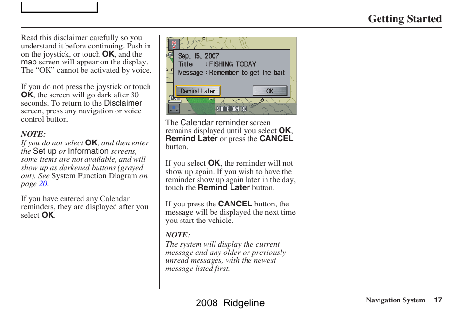Getting started, 2008 ridgeline | HONDA 2008 Ridgeline Navigation User Manual | Page 17 / 135