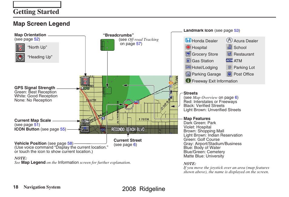 Getting started, 2008 ridgeline, Map screen legend | HONDA 2008 Ridgeline Navigation User Manual | Page 18 / 135