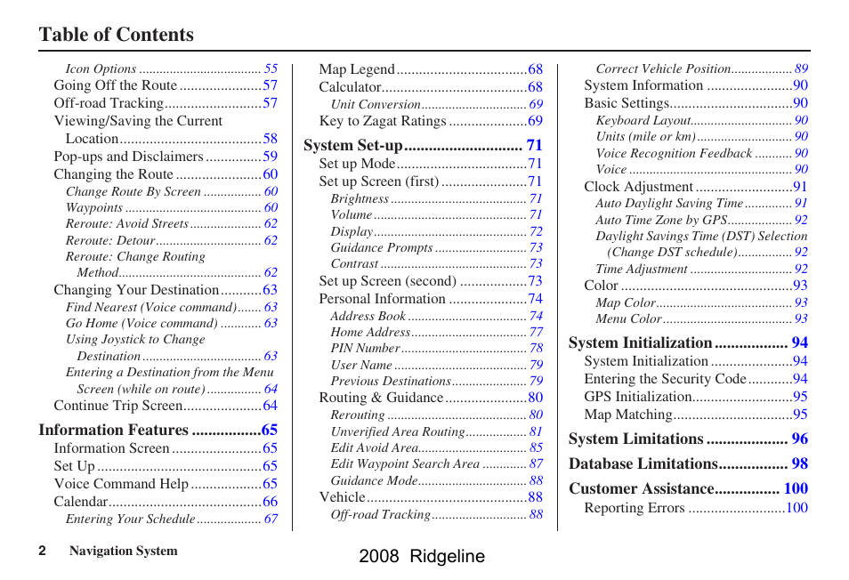 HONDA 2008 Ridgeline Navigation User Manual | Page 2 / 135