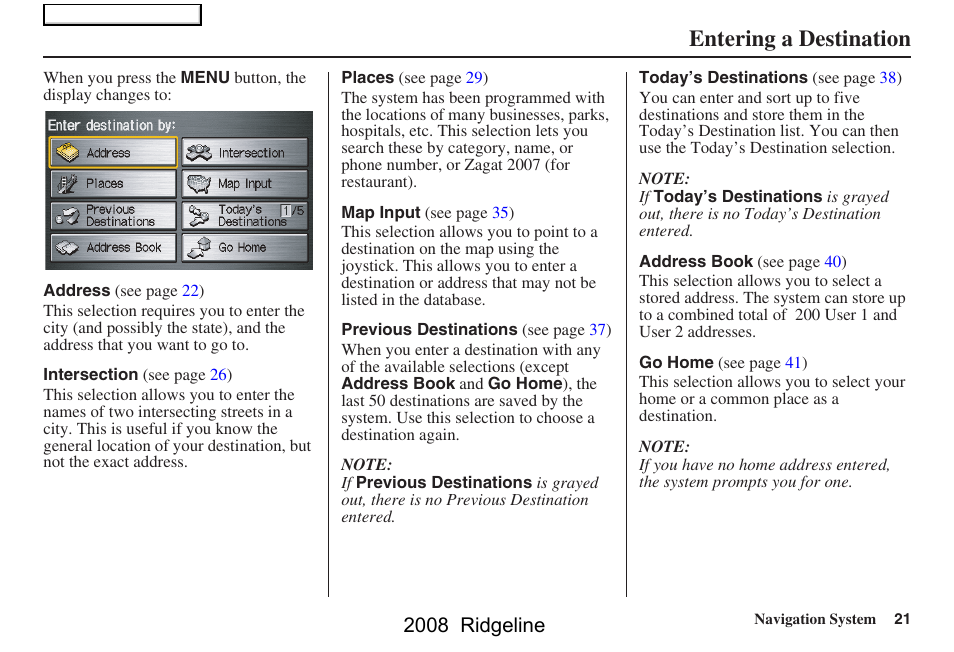 Entering a destination, 2008 ridgeline | HONDA 2008 Ridgeline Navigation User Manual | Page 21 / 135