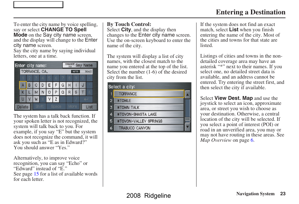 Entering a destination, 2008 ridgeline | HONDA 2008 Ridgeline Navigation User Manual | Page 23 / 135
