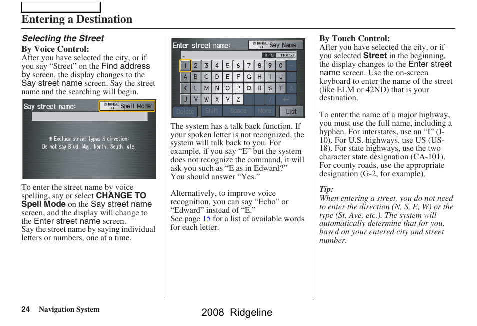 Entering a destination, 2008 ridgeline | HONDA 2008 Ridgeline Navigation User Manual | Page 24 / 135