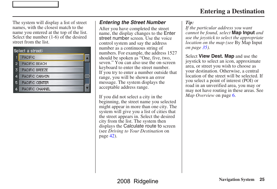Entering a destination, 2008 ridgeline | HONDA 2008 Ridgeline Navigation User Manual | Page 25 / 135