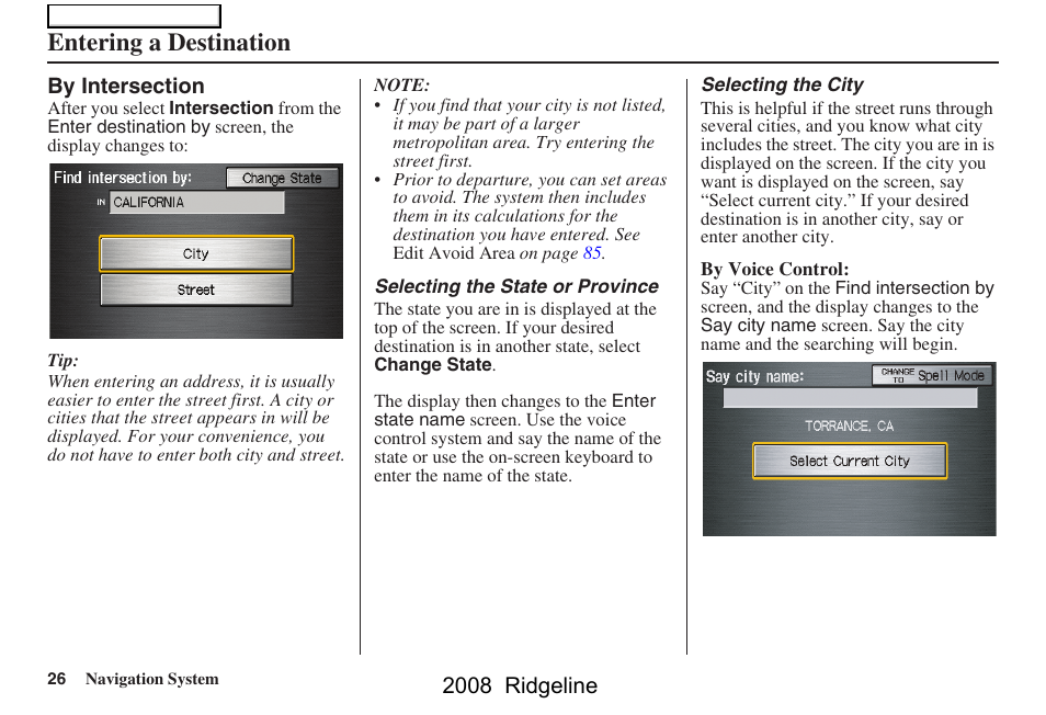 Entering a destination, 2008 ridgeline | HONDA 2008 Ridgeline Navigation User Manual | Page 26 / 135