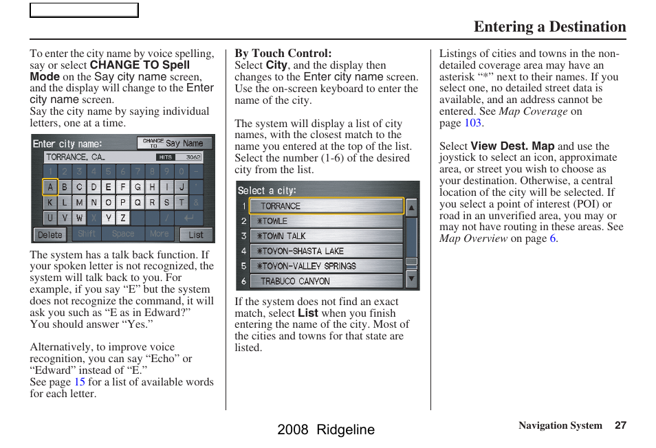 Entering a destination, 2008 ridgeline | HONDA 2008 Ridgeline Navigation User Manual | Page 27 / 135