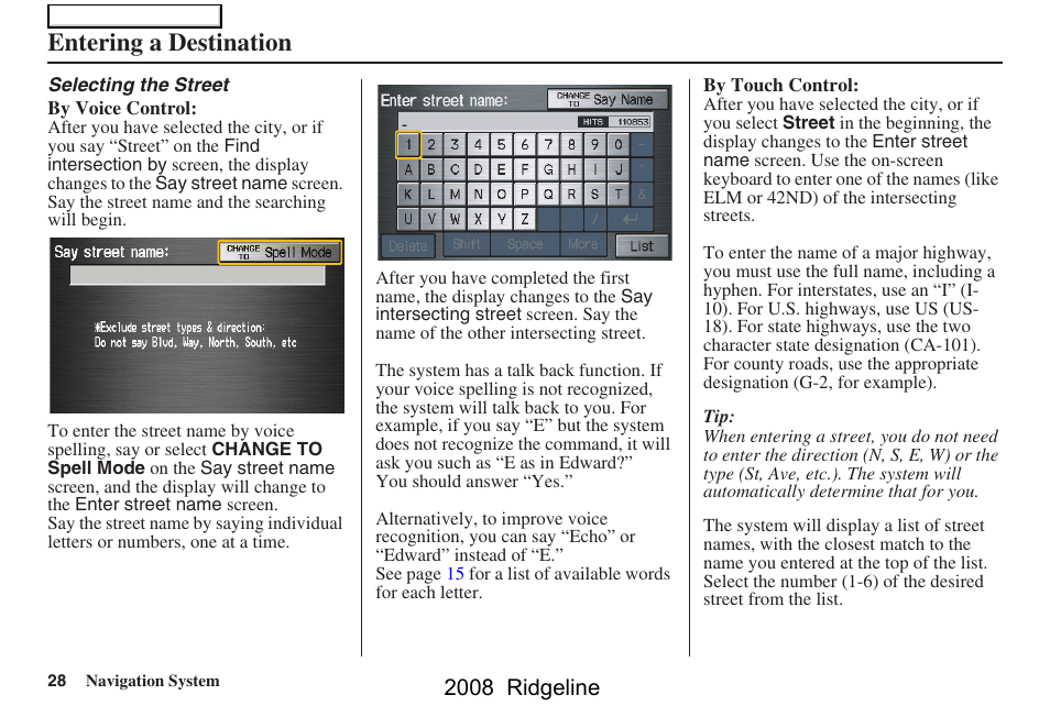 Entering a destination, 2008 ridgeline | HONDA 2008 Ridgeline Navigation User Manual | Page 28 / 135