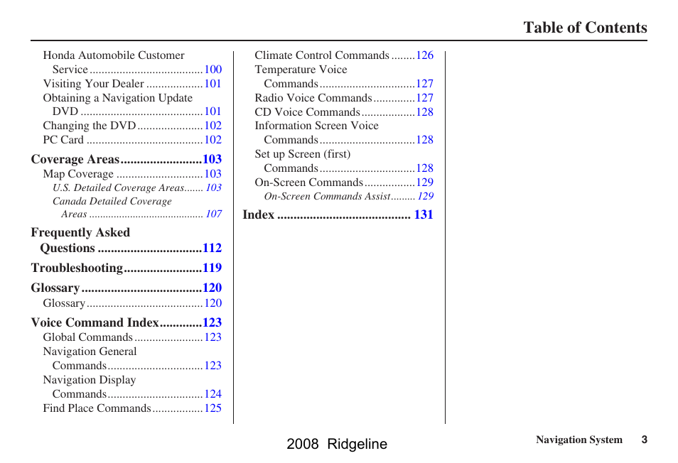 HONDA 2008 Ridgeline Navigation User Manual | Page 3 / 135