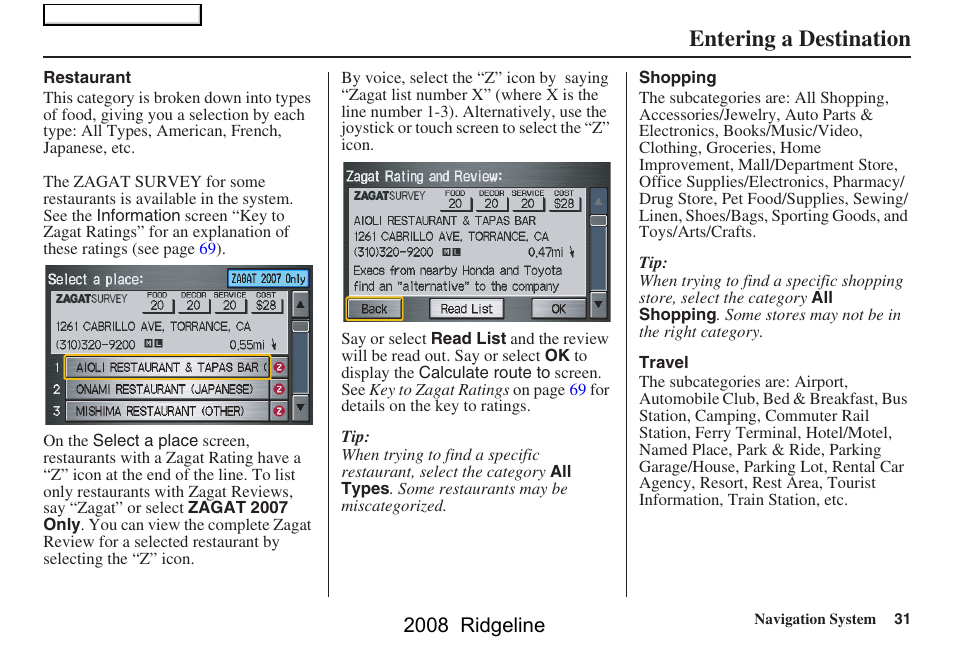 Entering a destination, 2008 ridgeline | HONDA 2008 Ridgeline Navigation User Manual | Page 31 / 135