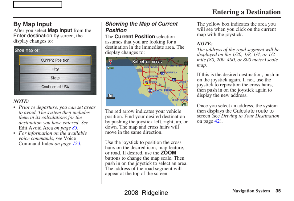 Entering a destination, 2008 ridgeline | HONDA 2008 Ridgeline Navigation User Manual | Page 35 / 135