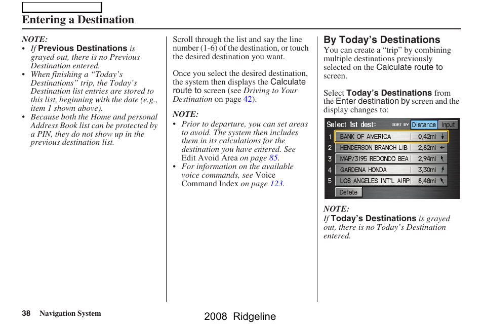 Entering a destination, 2008 ridgeline | HONDA 2008 Ridgeline Navigation User Manual | Page 38 / 135