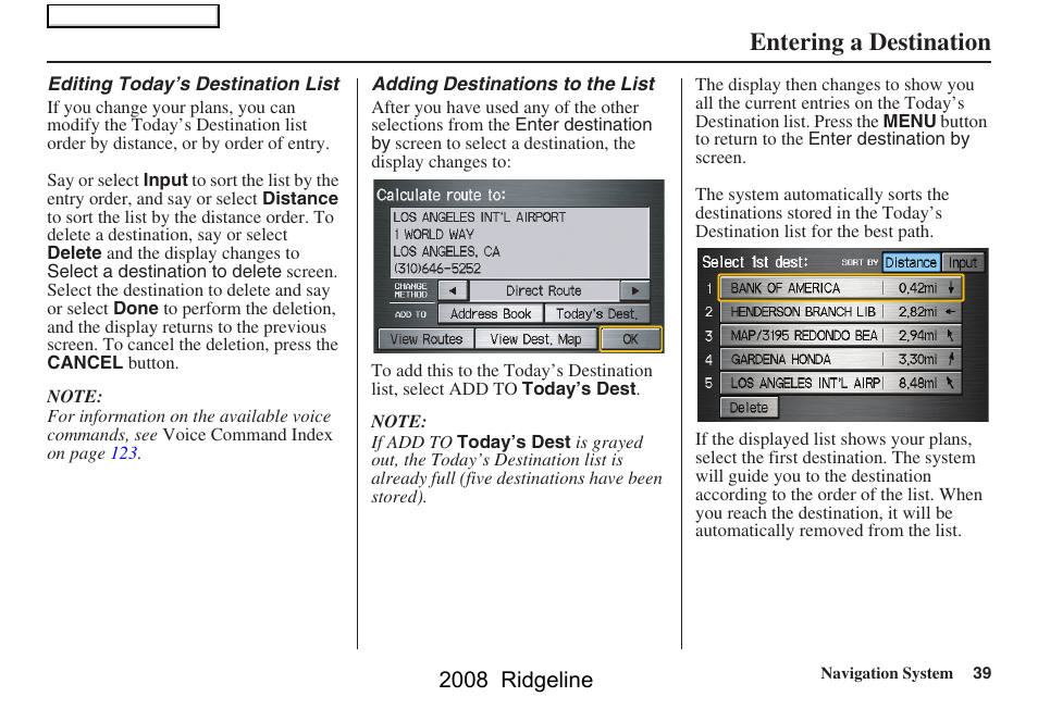 Entering a destination, 2008 ridgeline | HONDA 2008 Ridgeline Navigation User Manual | Page 39 / 135
