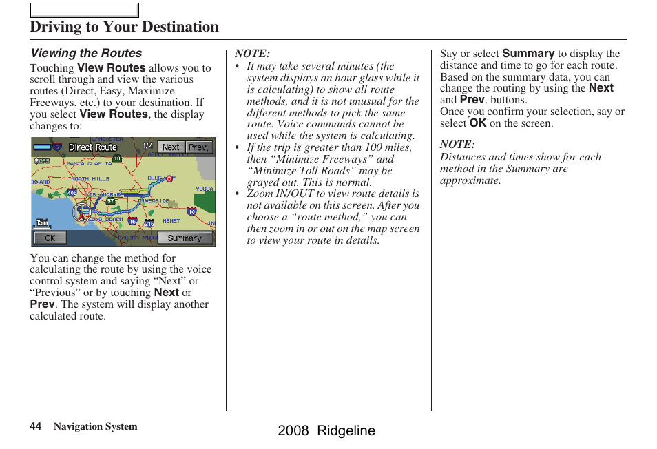 Driving to your destination, 2008 ridgeline | HONDA 2008 Ridgeline Navigation User Manual | Page 44 / 135