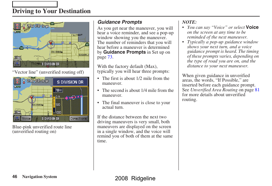 Driving to your destination, 2008 ridgeline | HONDA 2008 Ridgeline Navigation User Manual | Page 46 / 135