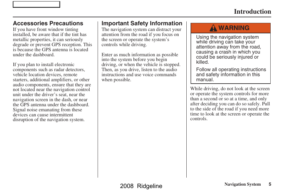 Introduction, Warning | HONDA 2008 Ridgeline Navigation User Manual | Page 5 / 135