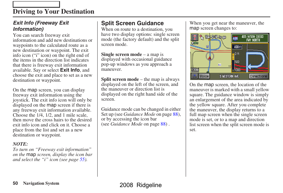 Driving to your destination, 2008 ridgeline | HONDA 2008 Ridgeline Navigation User Manual | Page 50 / 135