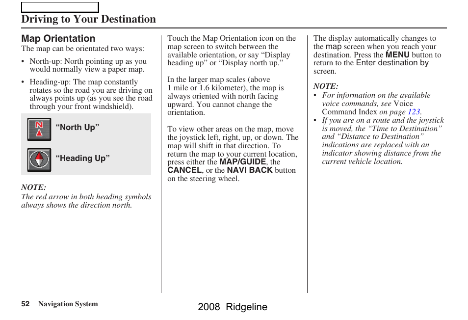 Driving to your destination, 2008 ridgeline | HONDA 2008 Ridgeline Navigation User Manual | Page 52 / 135