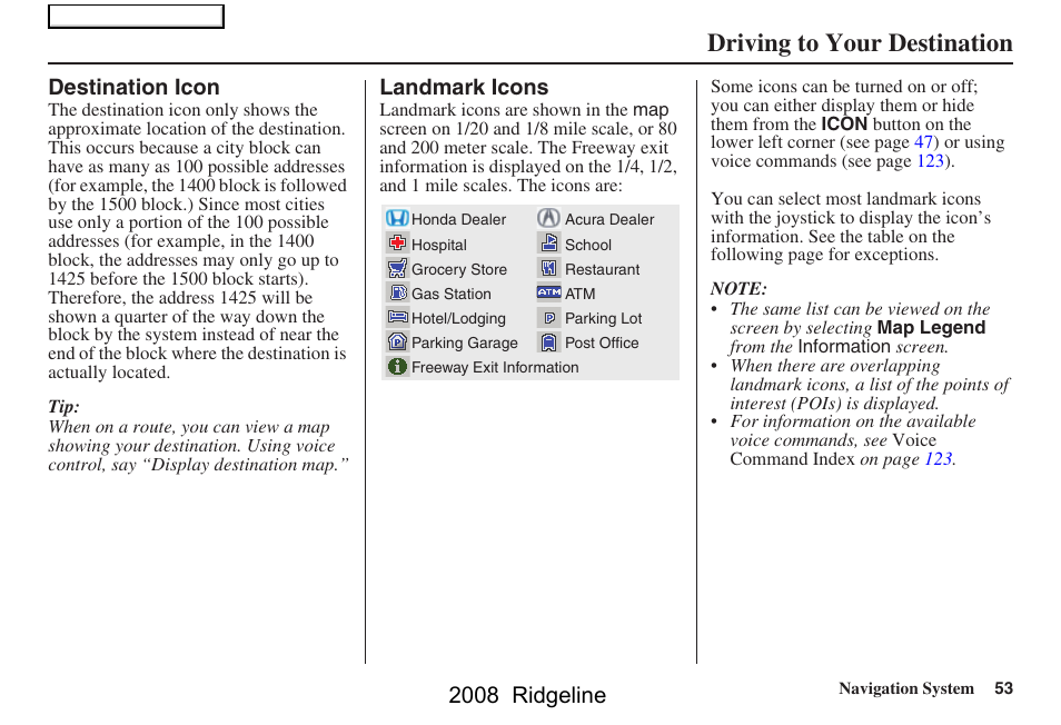 Driving to your destination, 2008 ridgeline, Destination icon | Landmark icons | HONDA 2008 Ridgeline Navigation User Manual | Page 53 / 135