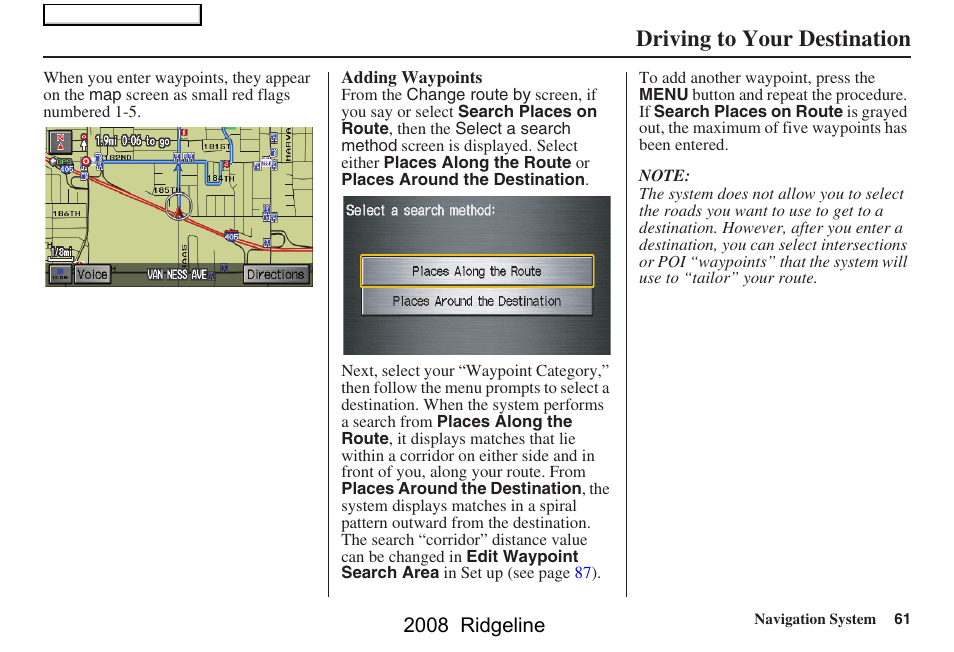 Driving to your destination, 2008 ridgeline | HONDA 2008 Ridgeline Navigation User Manual | Page 61 / 135