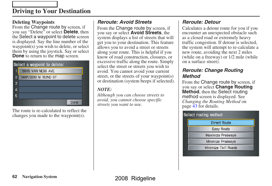 Driving to your destination, 2008 ridgeline | HONDA 2008 Ridgeline Navigation User Manual | Page 62 / 135