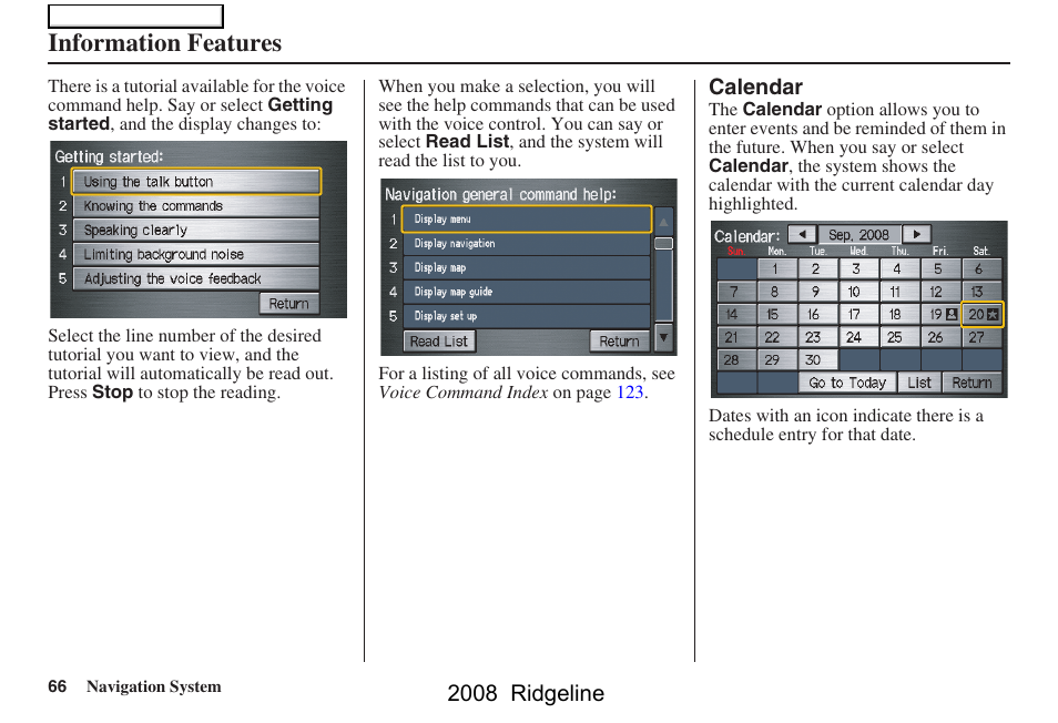 Information features | HONDA 2008 Ridgeline Navigation User Manual | Page 66 / 135