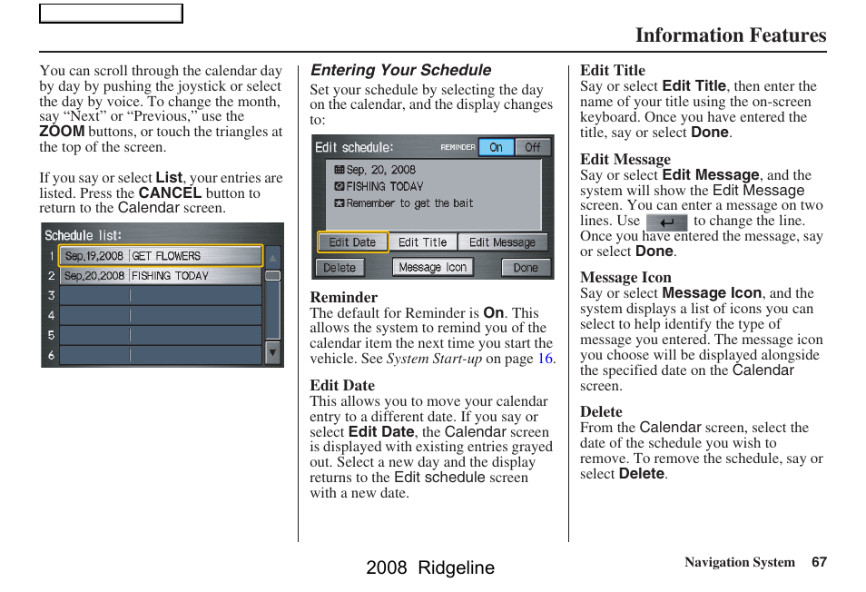 Information features, 2008 ridgeline | HONDA 2008 Ridgeline Navigation User Manual | Page 67 / 135