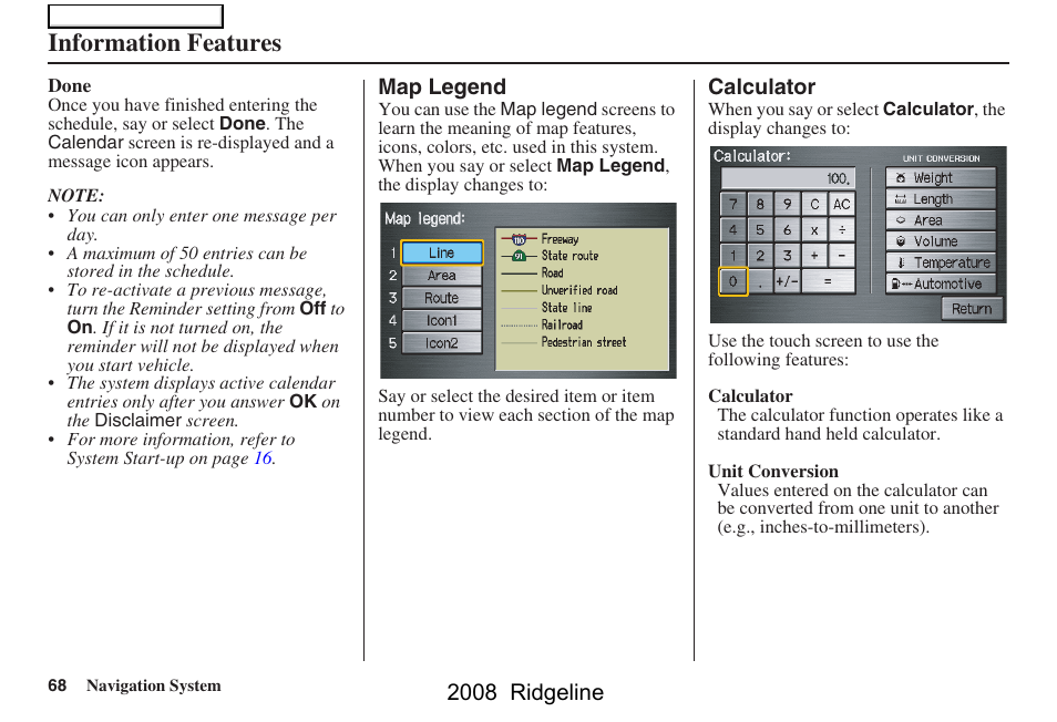Information features, 2008 ridgeline | HONDA 2008 Ridgeline Navigation User Manual | Page 68 / 135