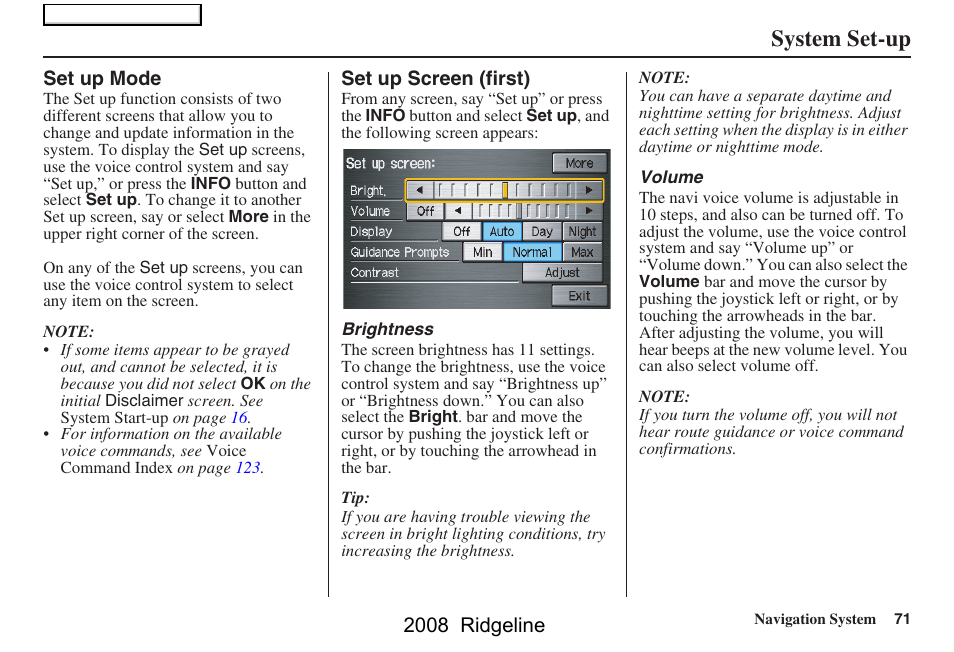 System set-up, 2008 ridgeline | HONDA 2008 Ridgeline Navigation User Manual | Page 71 / 135