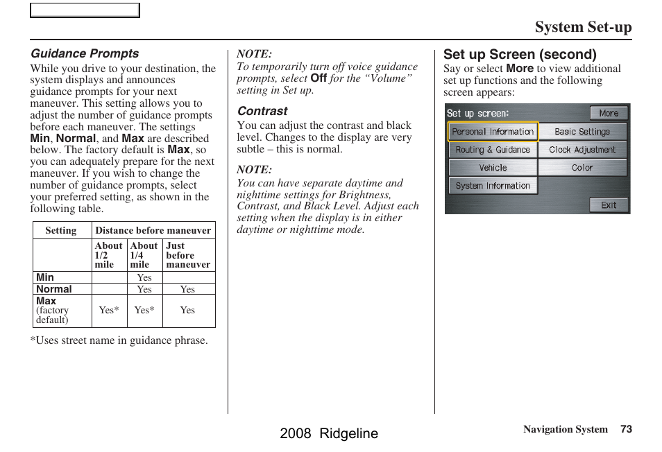 System set-up, 2008 ridgeline, Set up screen (second) | HONDA 2008 Ridgeline Navigation User Manual | Page 73 / 135