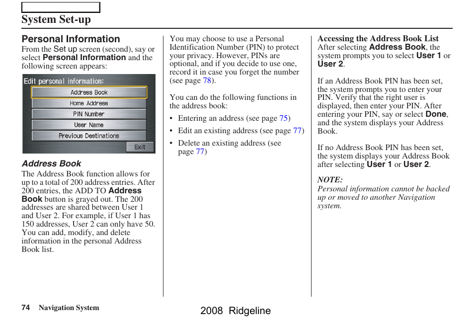 System set-up, 2008 ridgeline | HONDA 2008 Ridgeline Navigation User Manual | Page 74 / 135