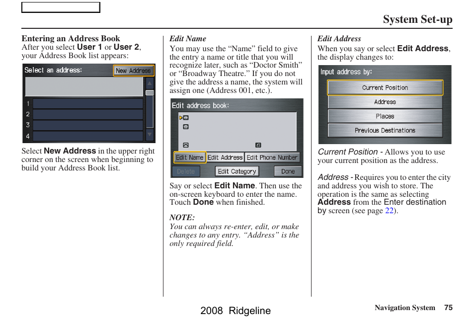 System set-up, 2008 ridgeline | HONDA 2008 Ridgeline Navigation User Manual | Page 75 / 135